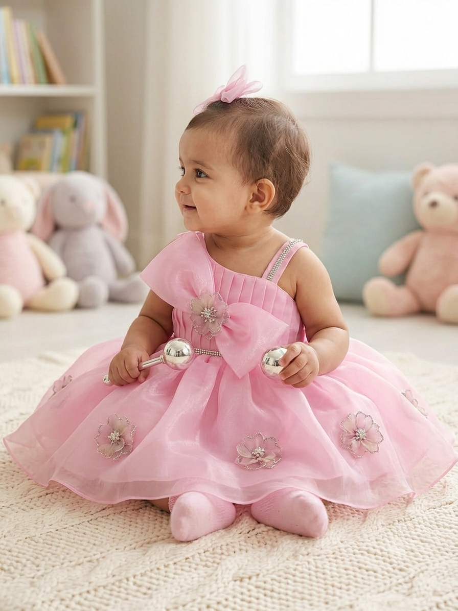 Enchanting Pink Floral One-Shoulder Party Frock for Baby Girls