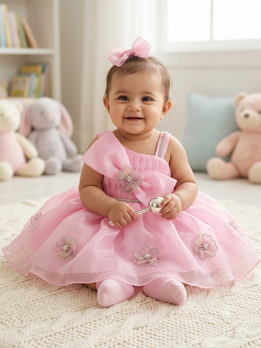 Enchanting Pink Floral One-Shoulder Party Frock for Baby Girls