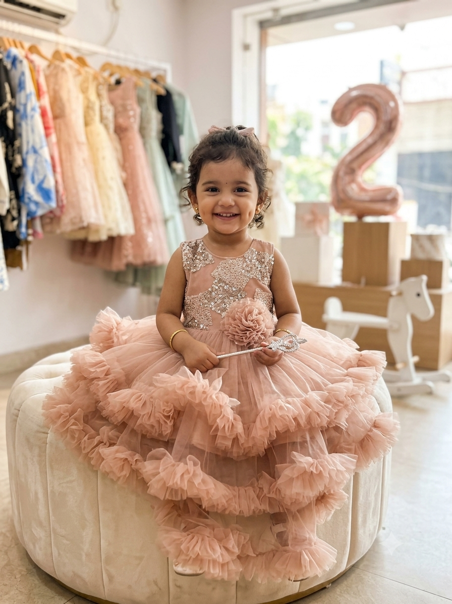 Designer Rose Pink Ruffled Party Dress for Baby Girls | Festive Wear