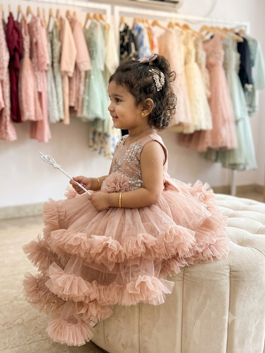 Designer Rose Pink Ruffled Party Dress for Baby Girls | Festive Wear