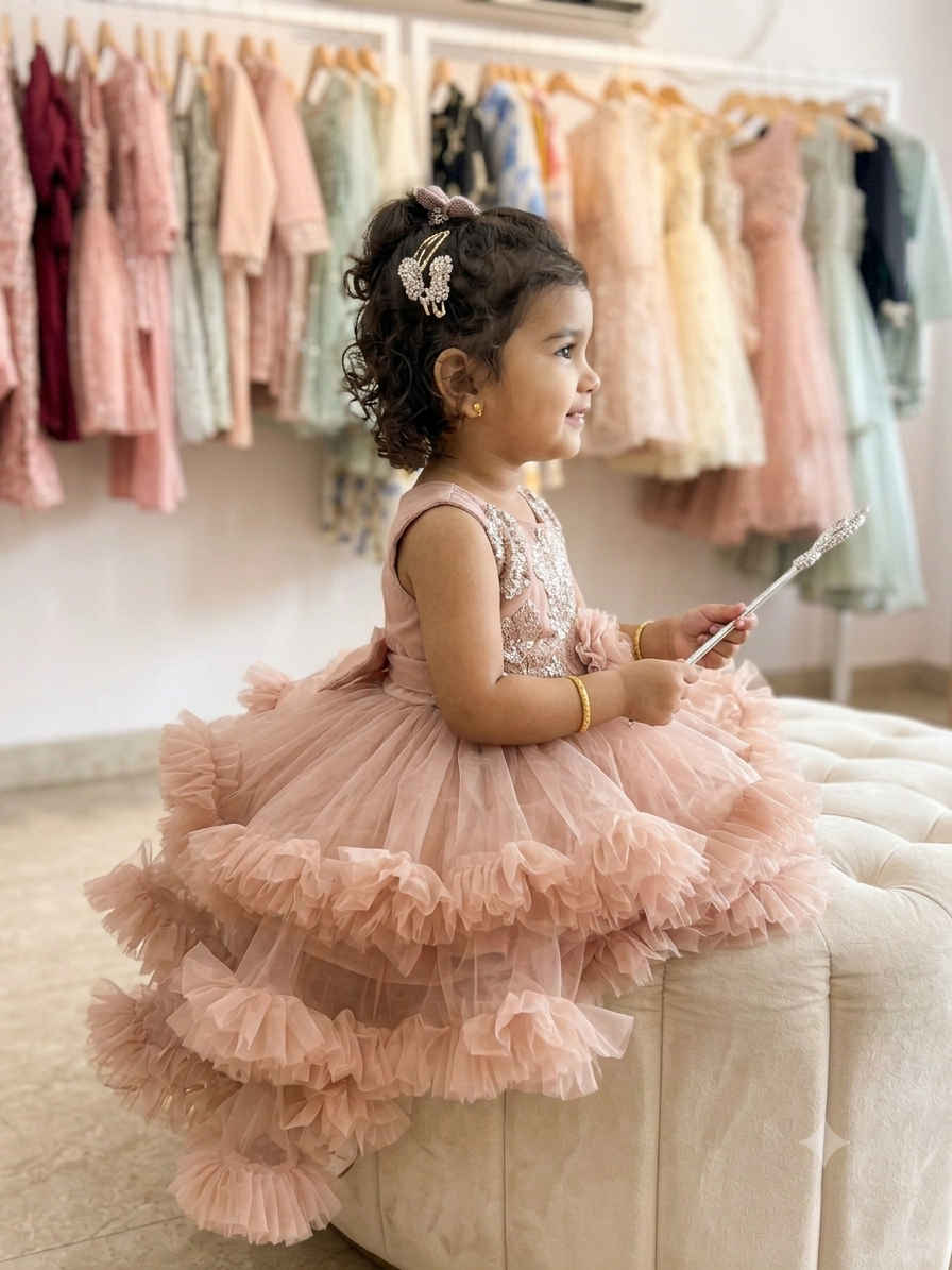 Designer Rose Pink Ruffled Party Dress for Baby Girls | Festive Wear