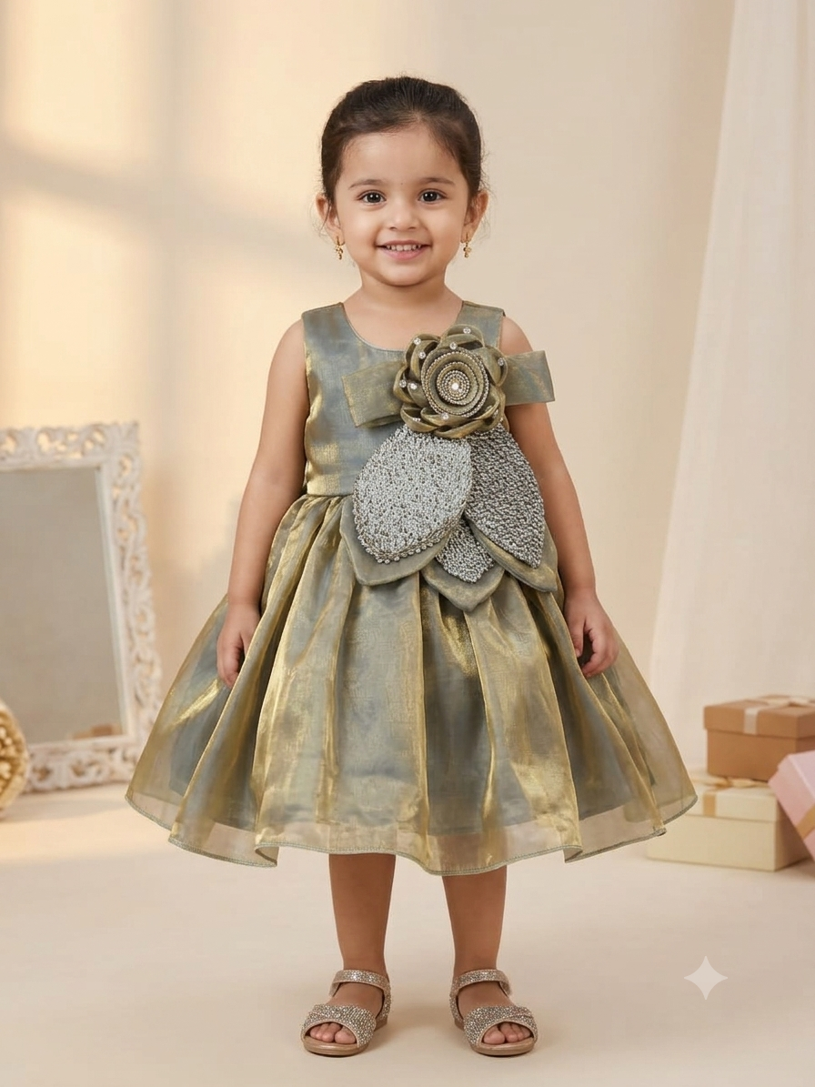 Elegant Olive Gold Party Frock for Baby Girls | Kids Festive Wear