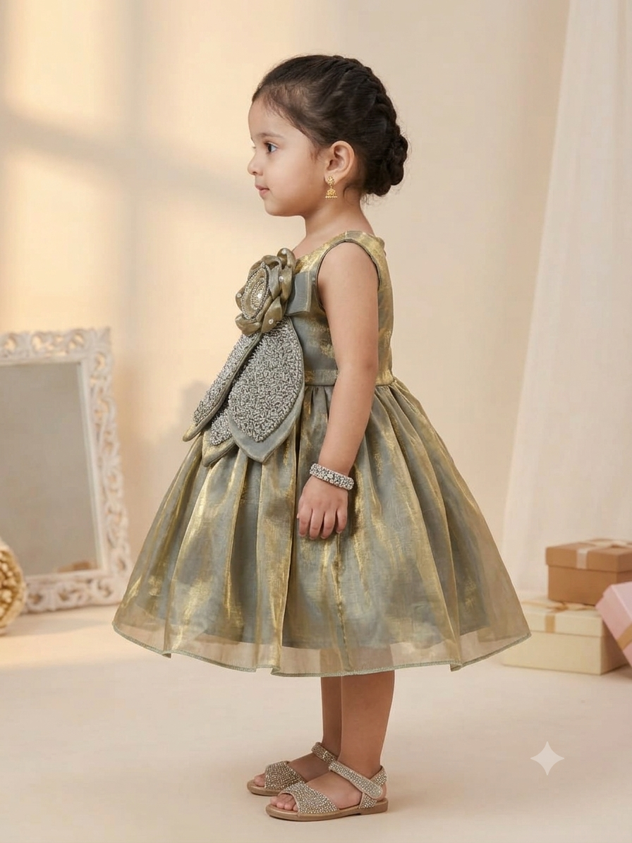 Elegant Olive Gold Party Frock for Baby Girls | Kids Festive Wear