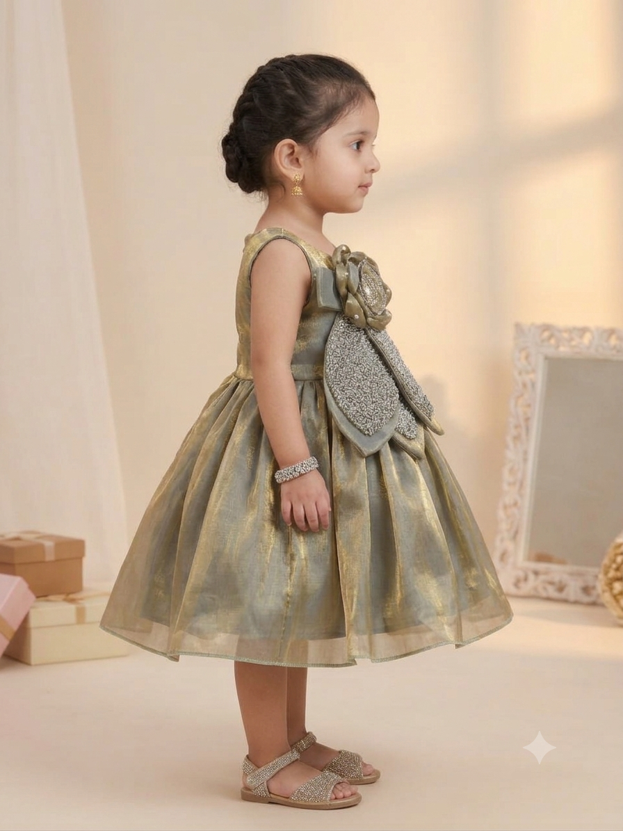 Elegant Olive Gold Party Frock for Baby Girls | Kids Festive Wear