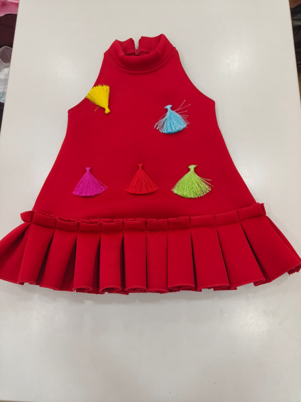 Crimson Red Premium Scuba Midi Dress with Playful Multicolored Tassels