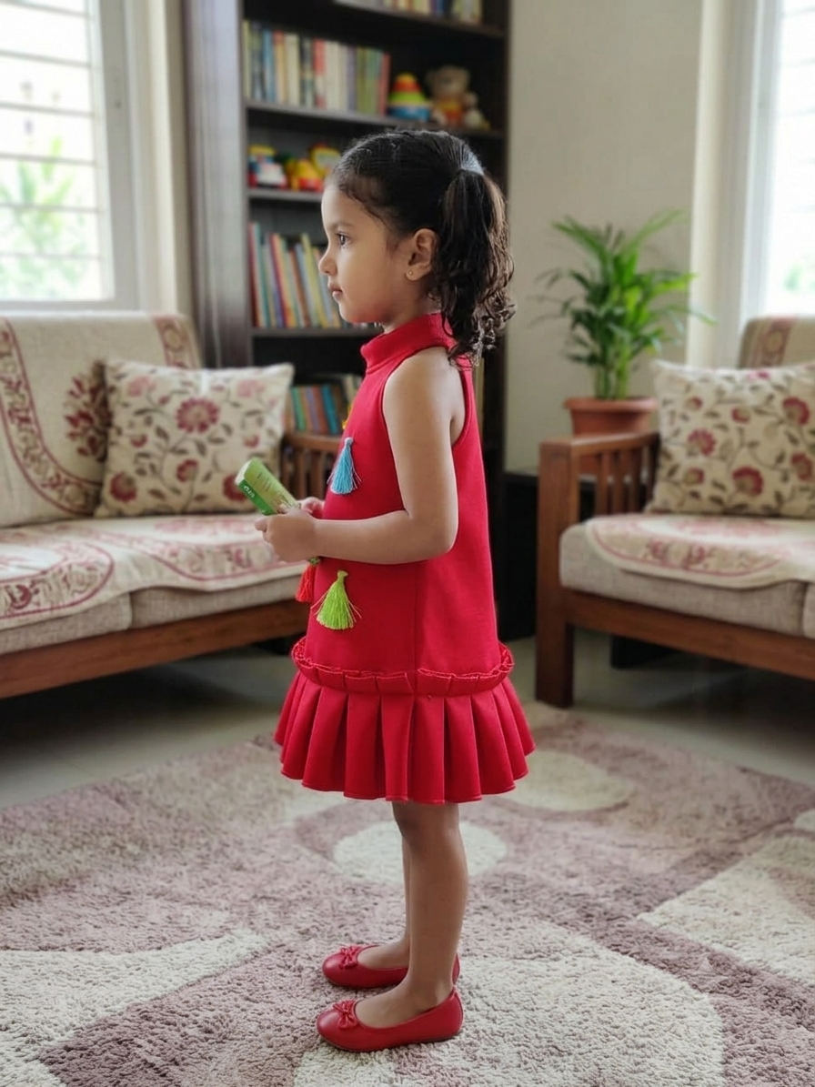 Crimson Red Premium Scuba Midi Dress with Playful Multicolored Tassels