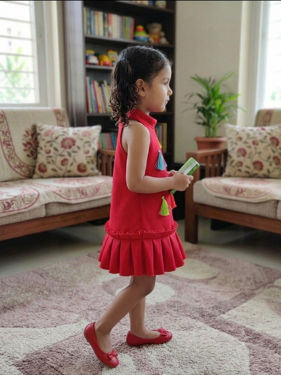 Crimson Red Premium Scuba Midi Dress with Playful Multicolored Tassels