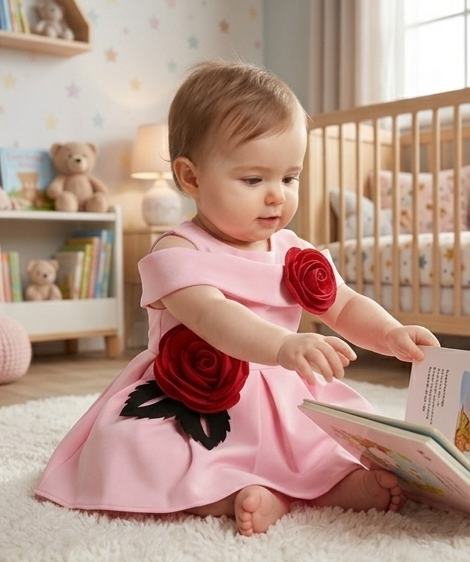 Blush Pink Premium Scuba Party Frock with Red 3D Rose Appliques