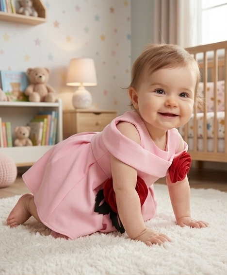 Blush Pink Premium Scuba Party Frock with Red 3D Rose Appliques