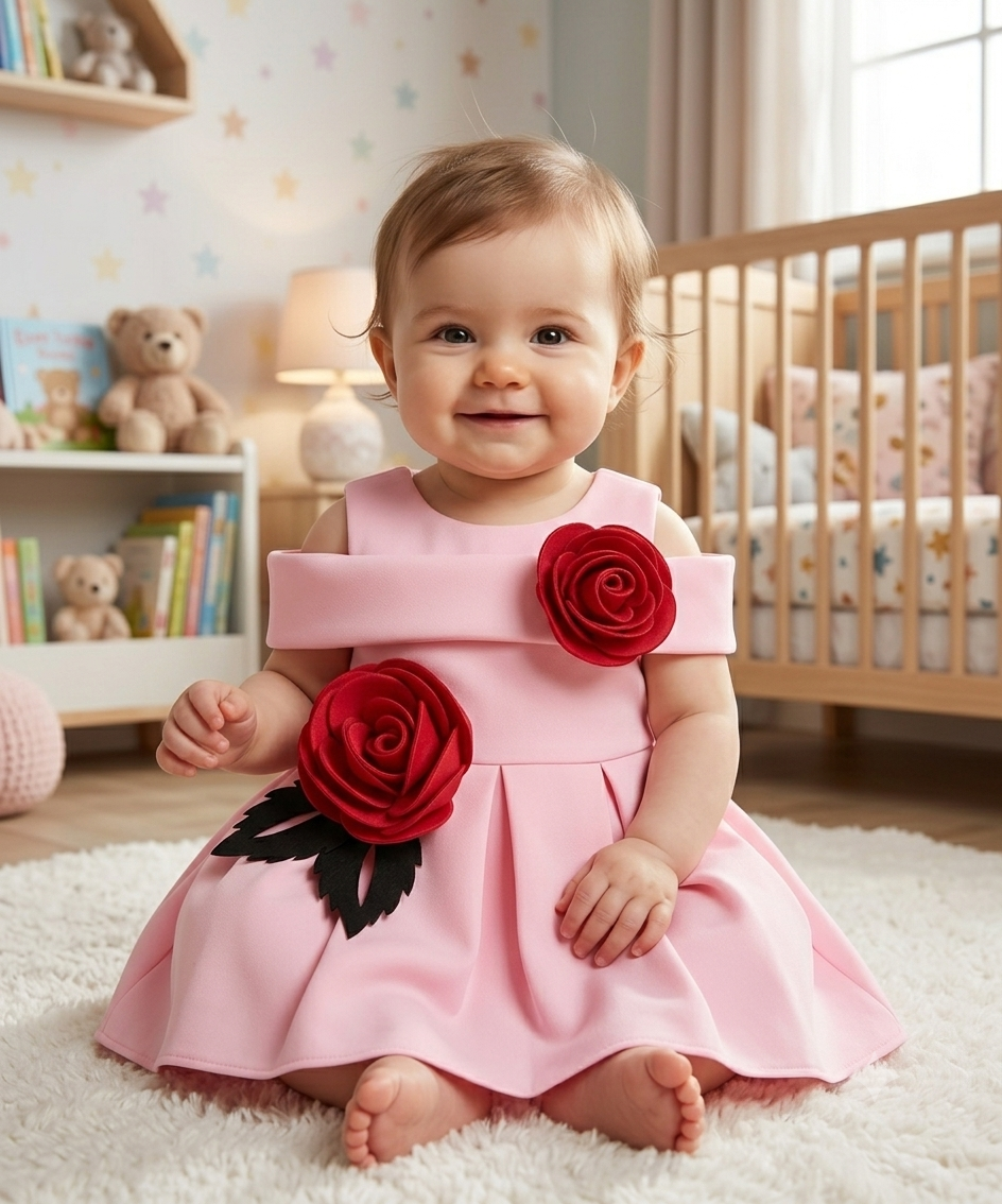 Blush Pink Premium Scuba Party Frock with Red 3D Rose Appliques