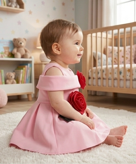 Blush Pink Premium Scuba Party Frock with Red 3D Rose Appliques