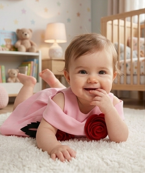 Blush Pink Premium Scuba Party Frock with Red 3D Rose Appliques