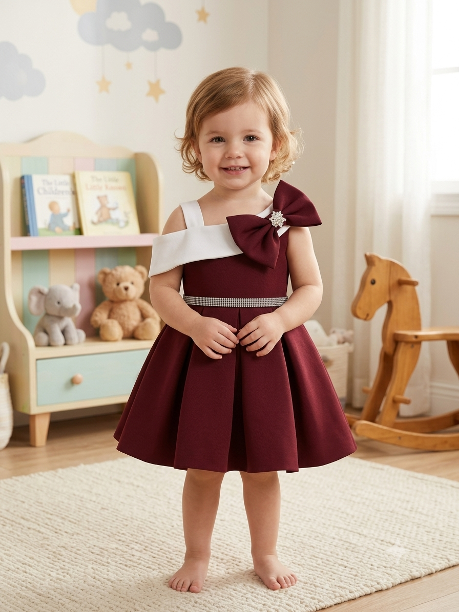 Royal Wine Premium Scuba Frock with Asymmetric White Off-Shoulder Overlay