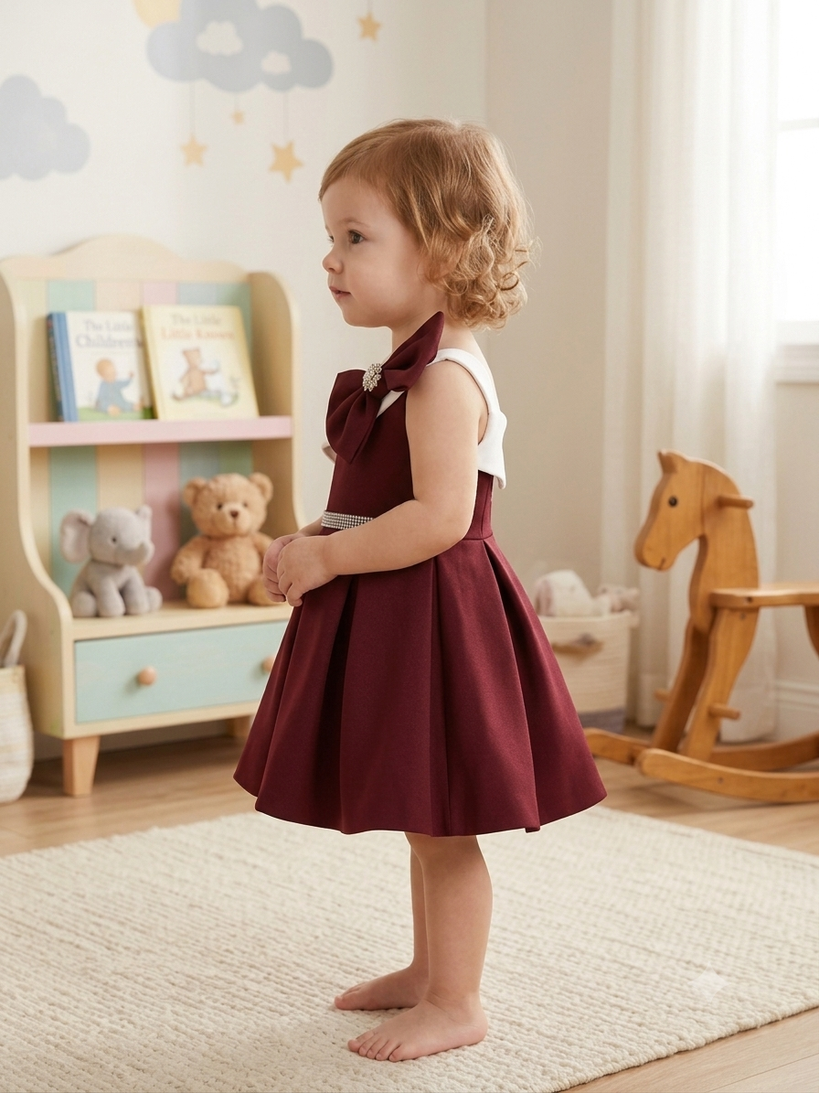 Royal Wine Premium Scuba Frock with Asymmetric White Off-Shoulder Overlay