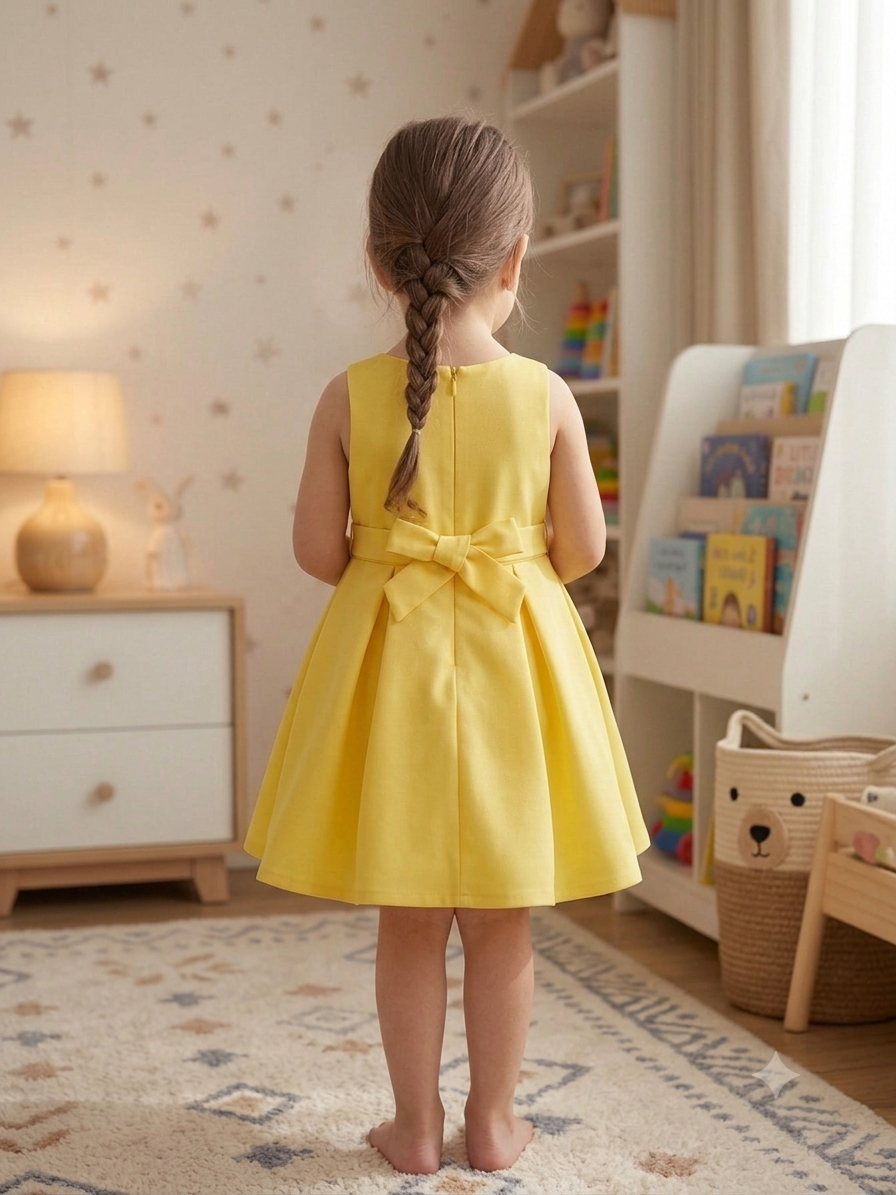 Sunshine Yellow Premium Scuba Frock with 3D Burgundy Rose Bouquet
