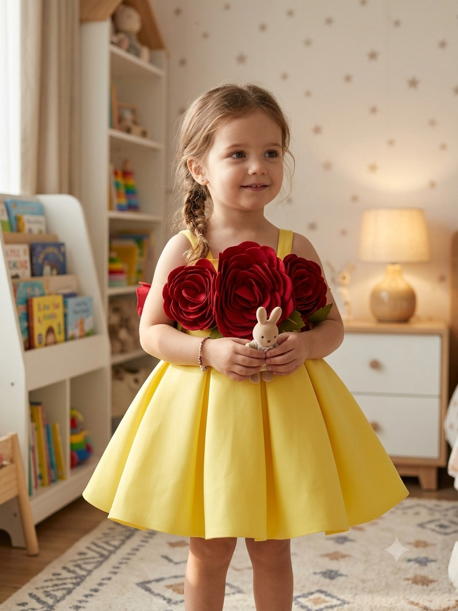Sunshine Yellow Premium Scuba Frock with 3D Burgundy Rose Bouquet