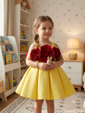 Sunshine Yellow Premium Scuba Frock with 3D Burgundy Rose Bouquet