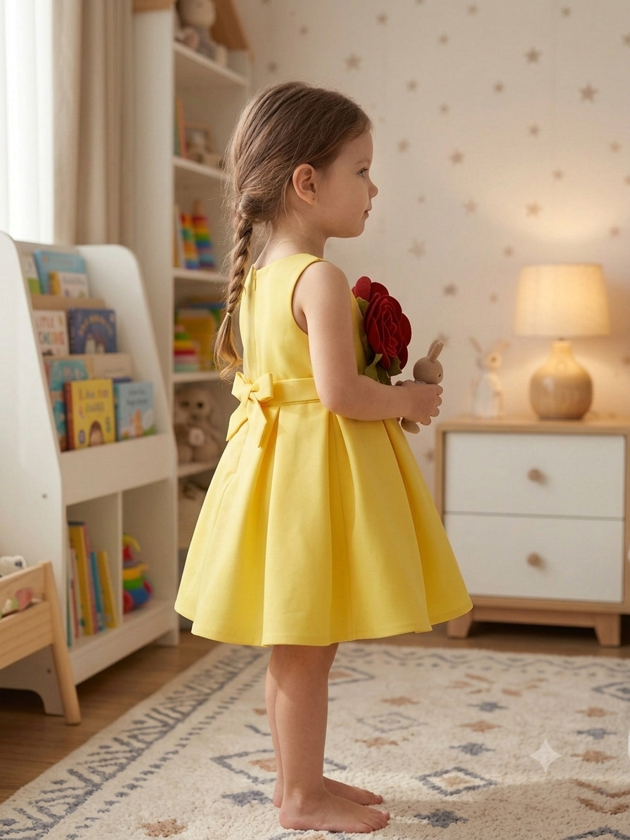 Sunshine Yellow Premium Scuba Frock with 3D Burgundy Rose Bouquet