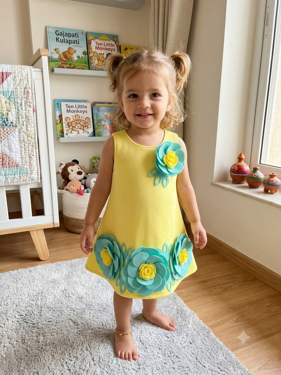 Sunshine Yellow Premium Scuba Midi Dress with Mint 3D Floral Accents