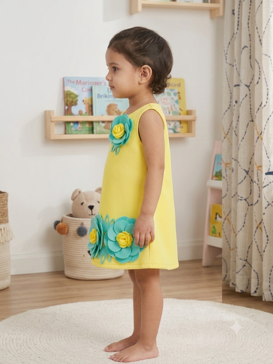 Sunshine Yellow Premium Scuba Midi Dress with Mint 3D Floral Accents