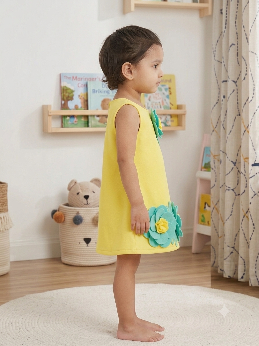 Sunshine Yellow Premium Scuba Midi Dress with Mint 3D Floral Accents
