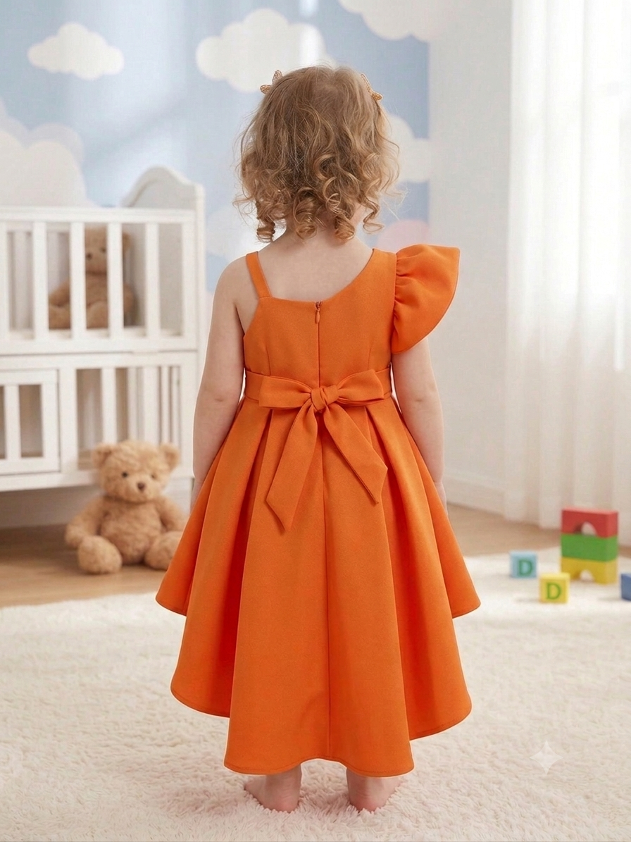 Vibrant Rust Premium Scuba High-Low Frock with Dramatic Ruffled Sleeve