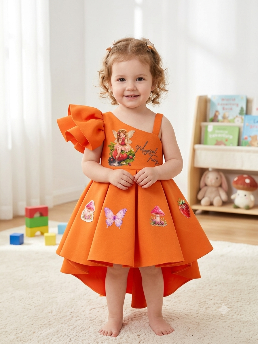 Vibrant Rust Premium Scuba High-Low Frock with Dramatic Ruffled Sleeve