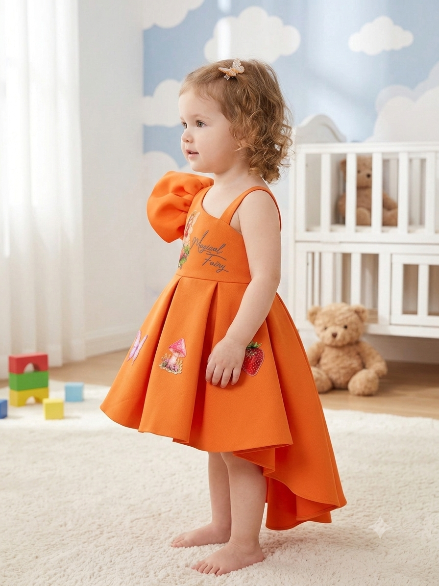 Vibrant Rust Premium Scuba High-Low Frock with Dramatic Ruffled Sleeve