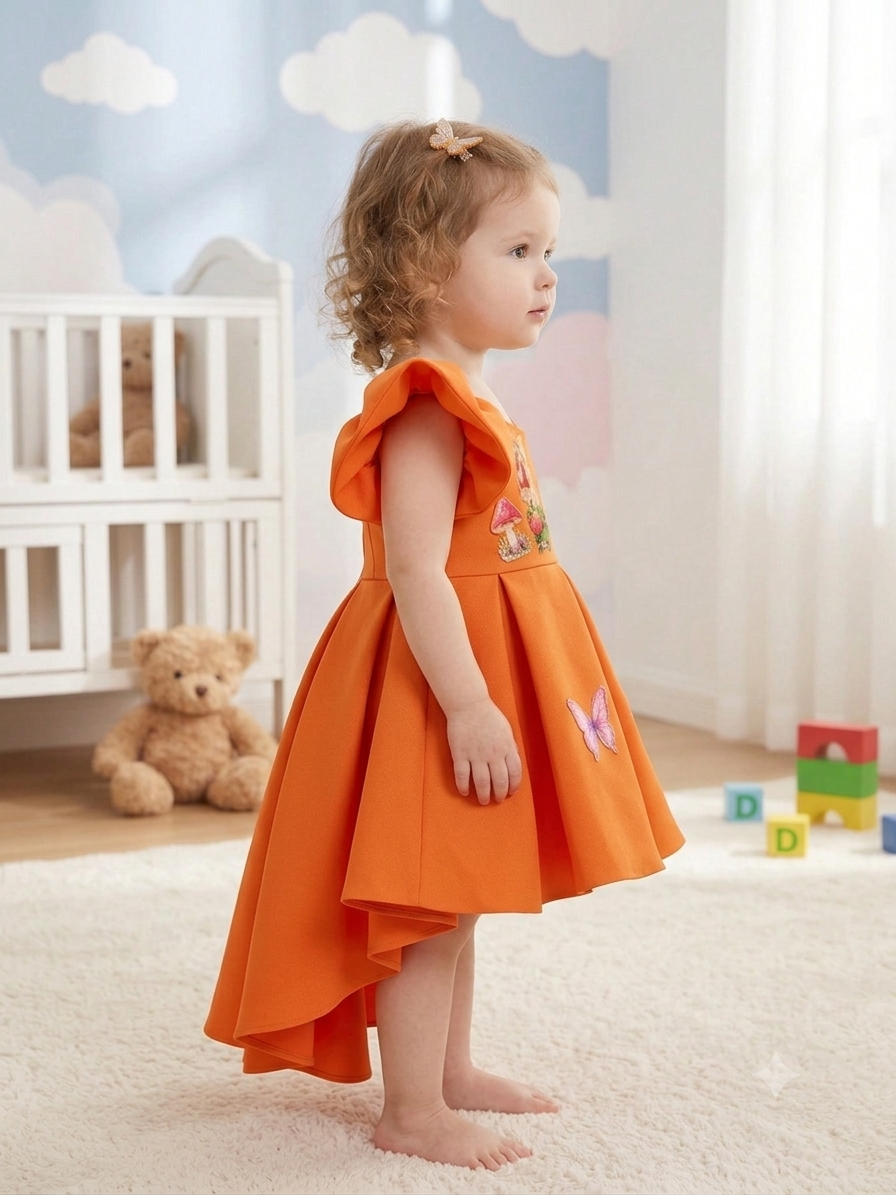 Vibrant Rust Premium Scuba High-Low Frock with Dramatic Ruffled Sleeve