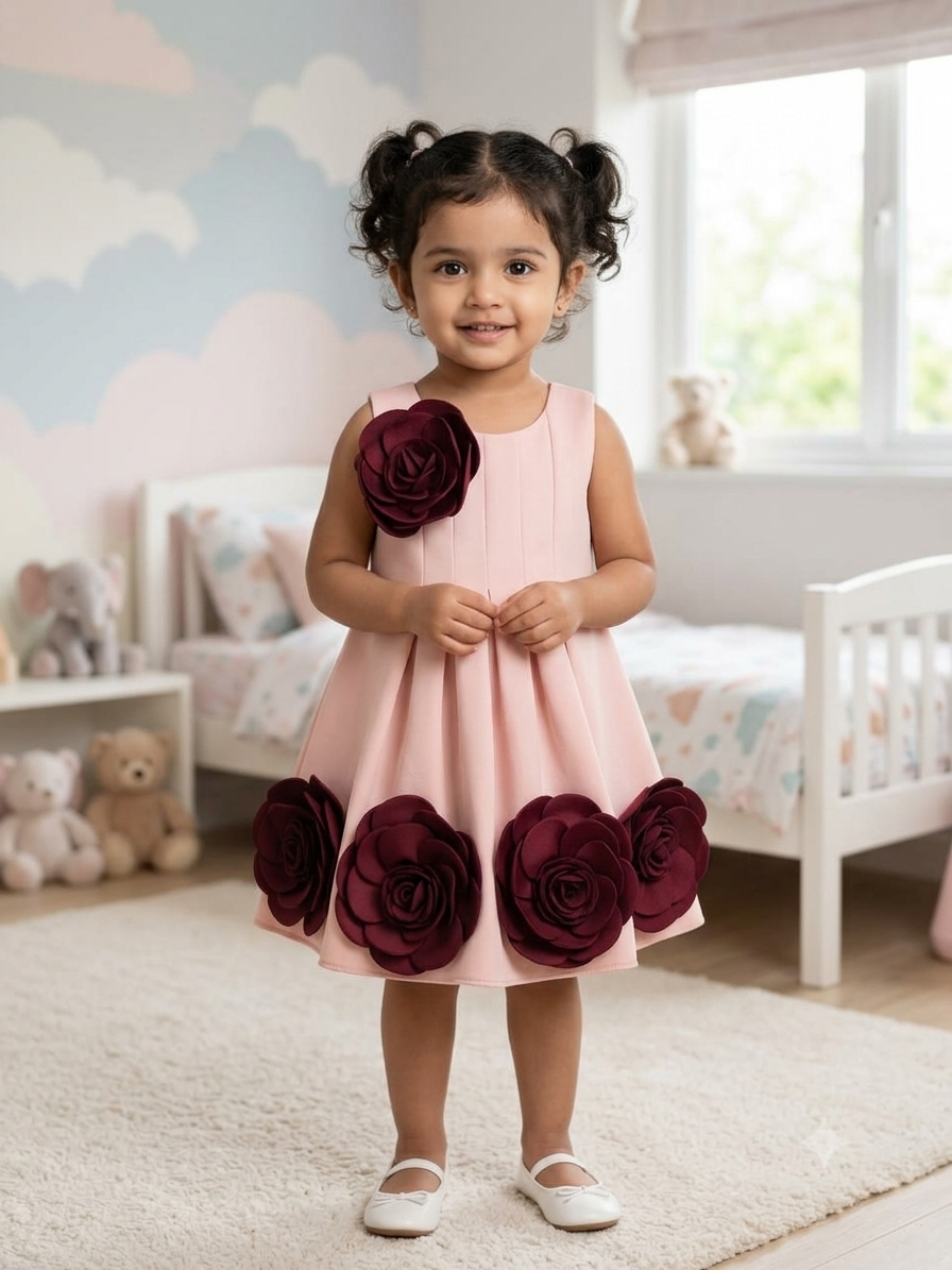 Blush Pink Premium Scuba Midi Dress with Crimson Burgundy 3D Rosettes