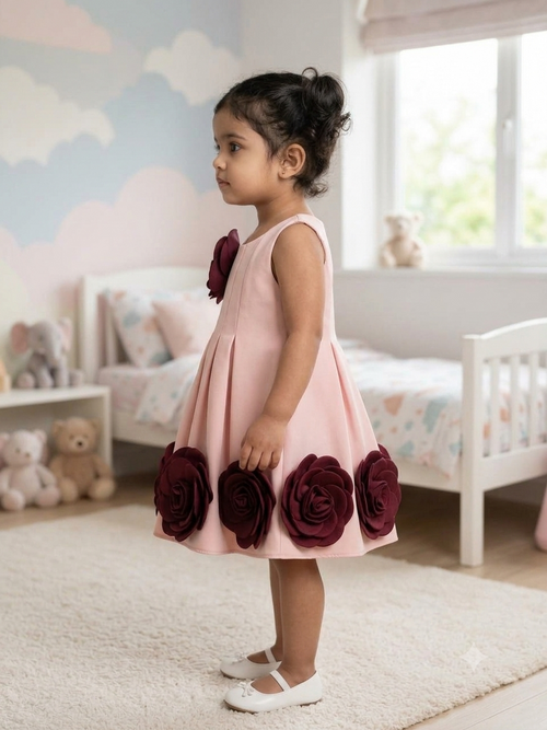 Blush Pink Premium Scuba Midi Dress with Crimson Burgundy 3D Rosettes