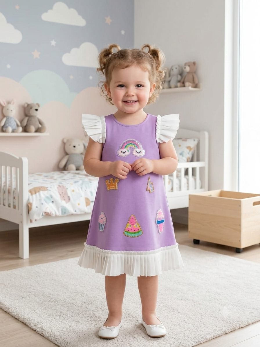 Playful Lilac Premium Scuba Midi Dress with Contrast Pleated Ruffles