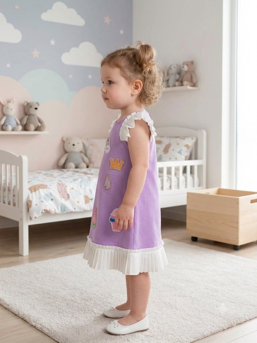 Playful Lilac Premium Scuba Midi Dress with Contrast Pleated Ruffles