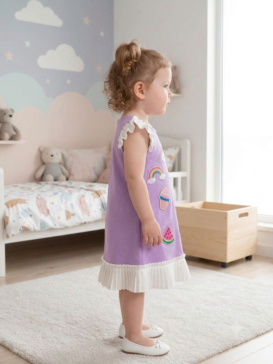 Playful Lilac Premium Scuba Midi Dress with Contrast Pleated Ruffles