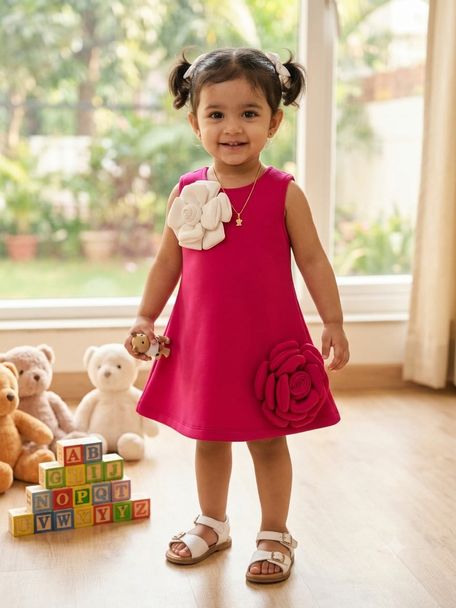 Magenta Magic Premium Scuba Midi Dress with Asymmetrical 3D Roses