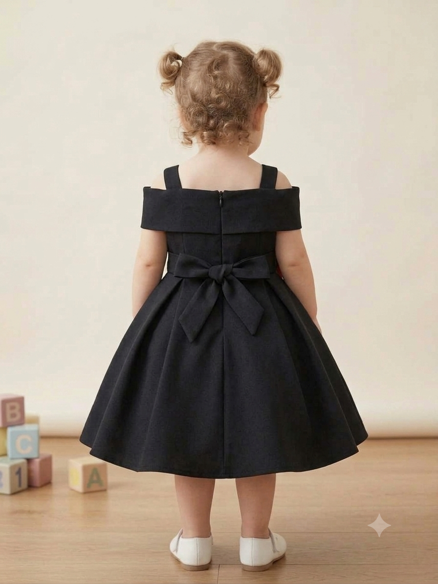 Classic Black Premium Scuba Frock with 3D Red Rose Appliques