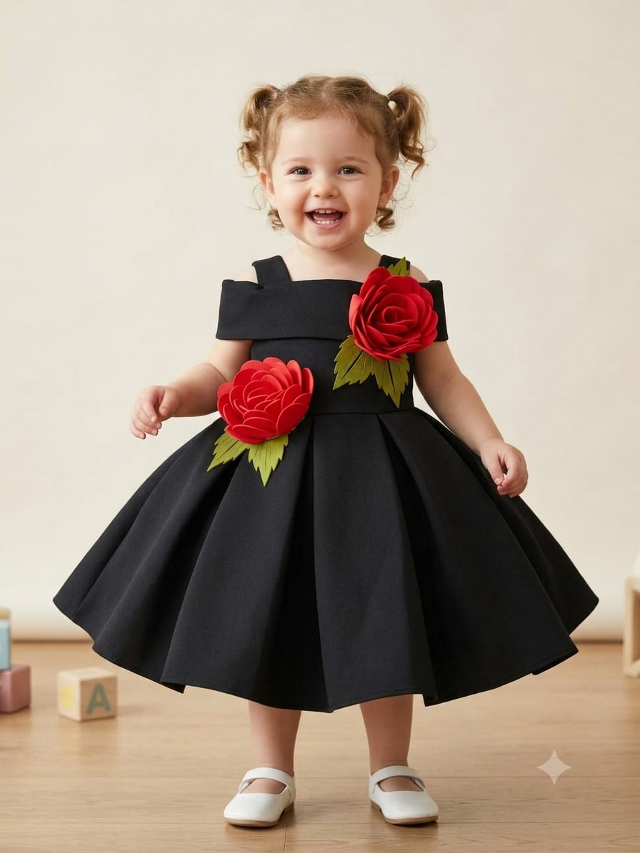 Classic Black Premium Scuba Frock with 3D Red Rose Appliques