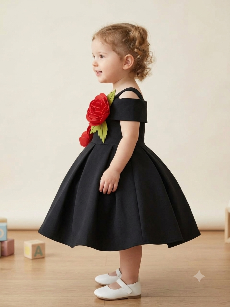 Classic Black Premium Scuba Frock with 3D Red Rose Appliques