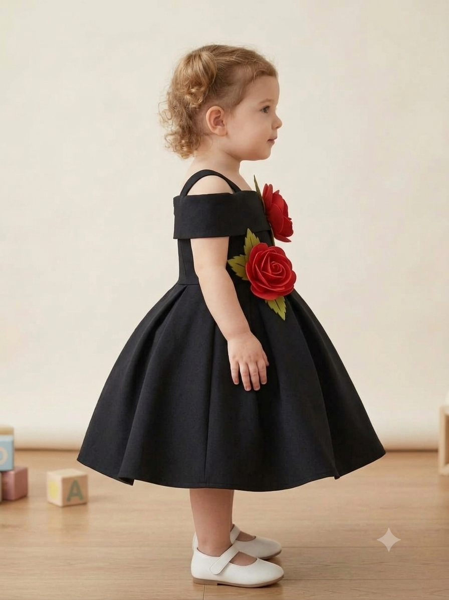 Classic Black Premium Scuba Frock with 3D Red Rose Appliques
