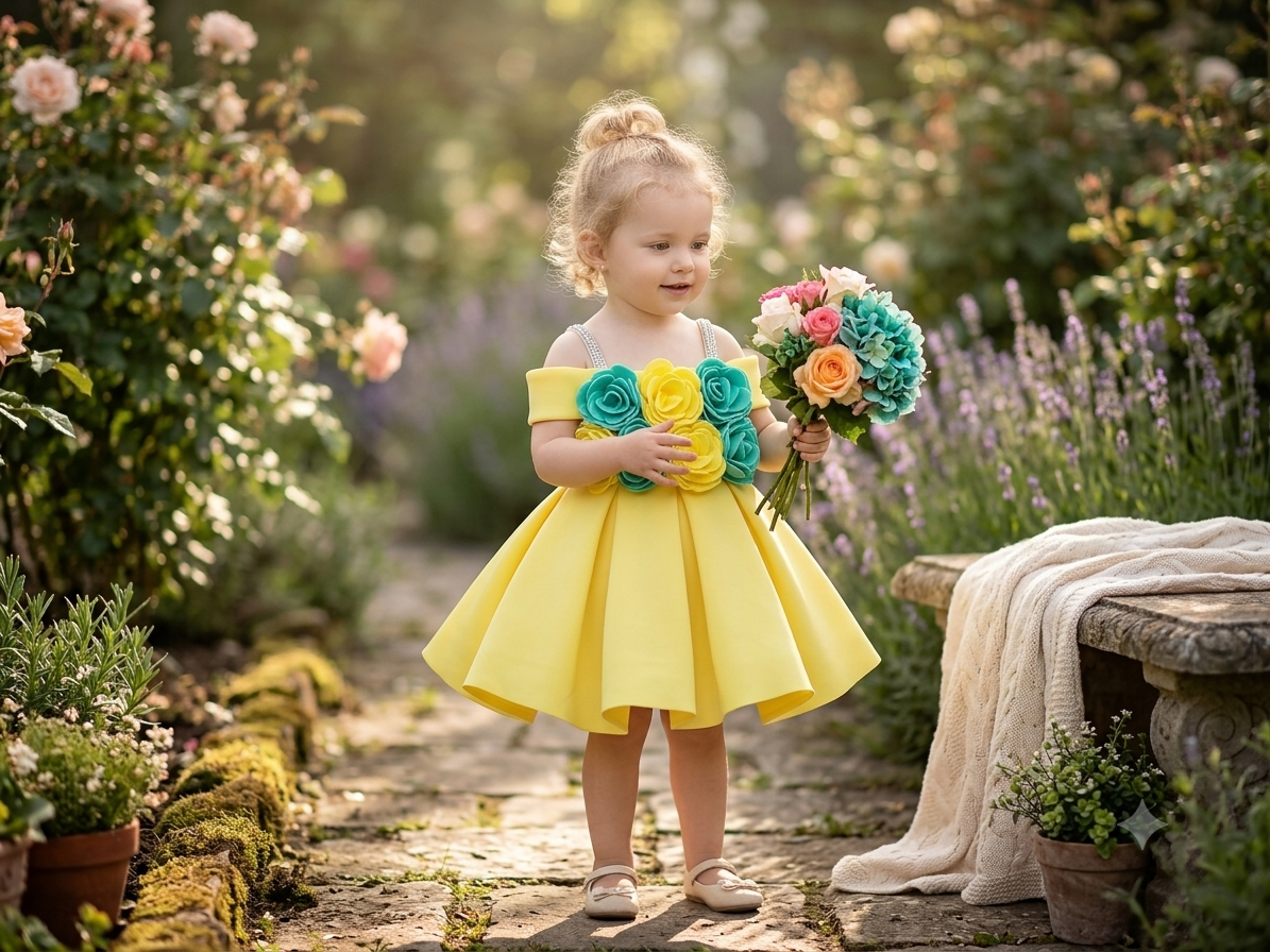 Sunshine Yellow Scuba Fabric Floral Toddler Frock | Olecuzi