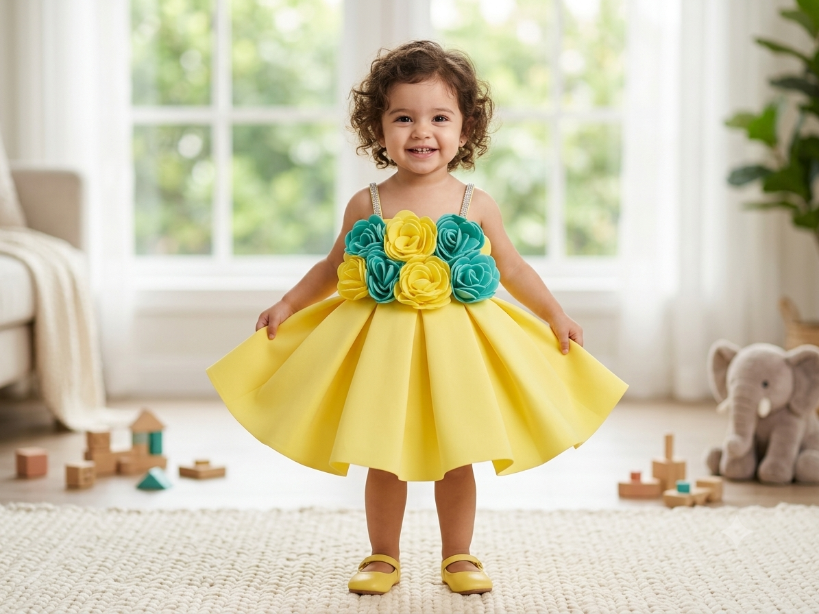Sunshine Yellow Scuba Fabric Floral Toddler Frock | Olecuzi