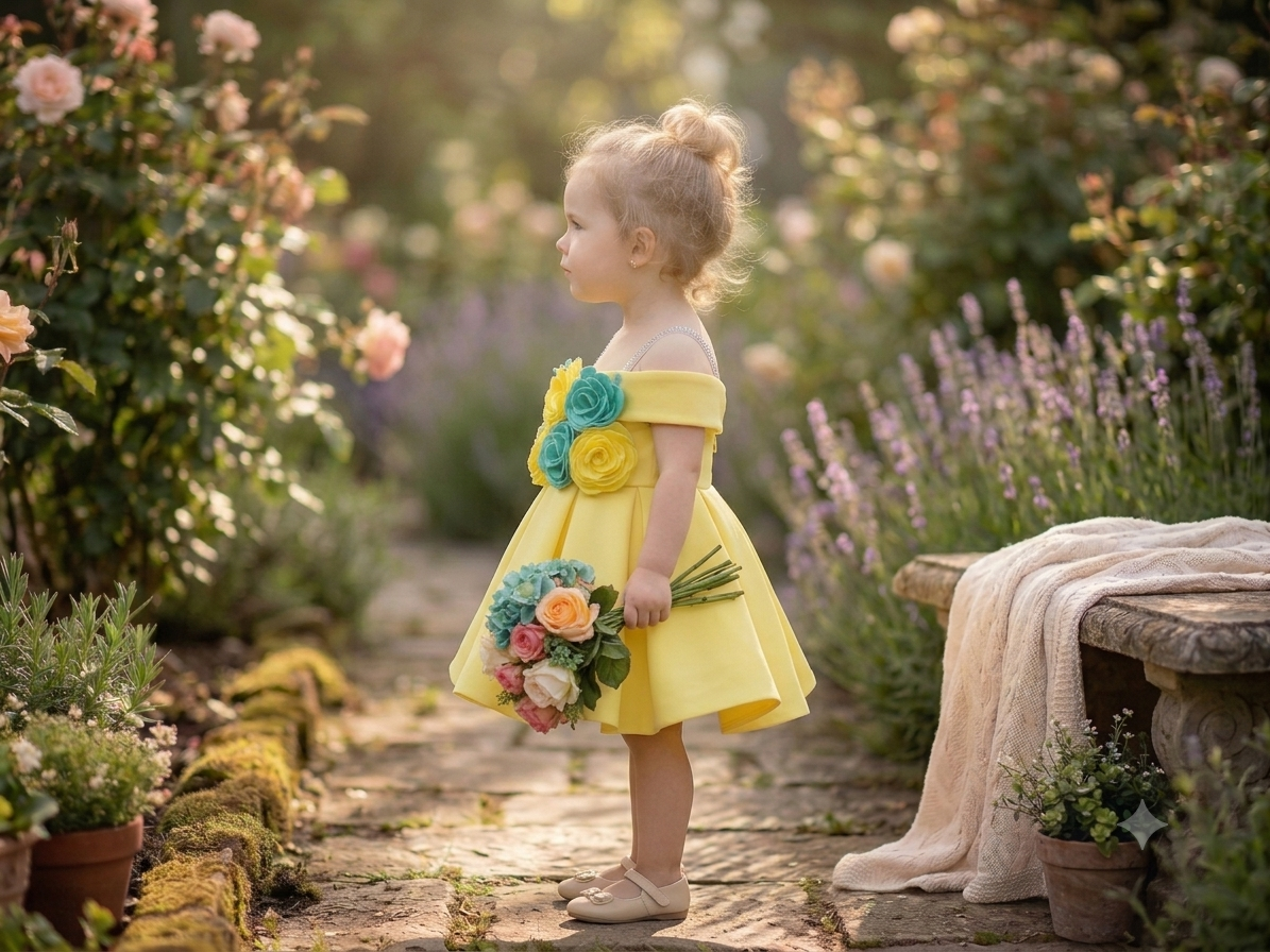 Sunshine Yellow Scuba Fabric Floral Toddler Frock | Olecuzi