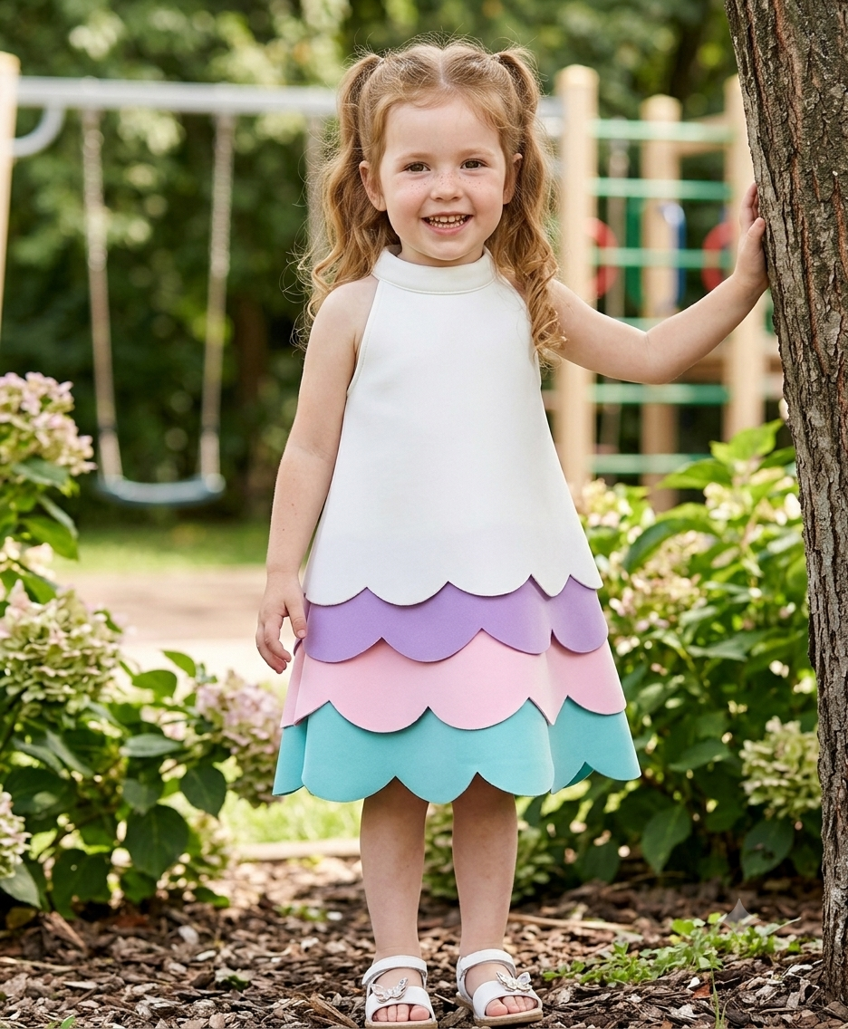 Whimsical Pastel Scallop Tiered Halter Midi Dress