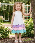Whimsical Pastel Scallop Tiered Halter Midi Dress