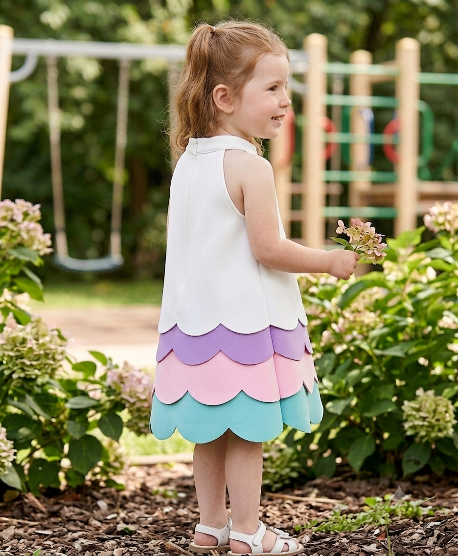 Whimsical Pastel Scallop Tiered Halter Midi Dress