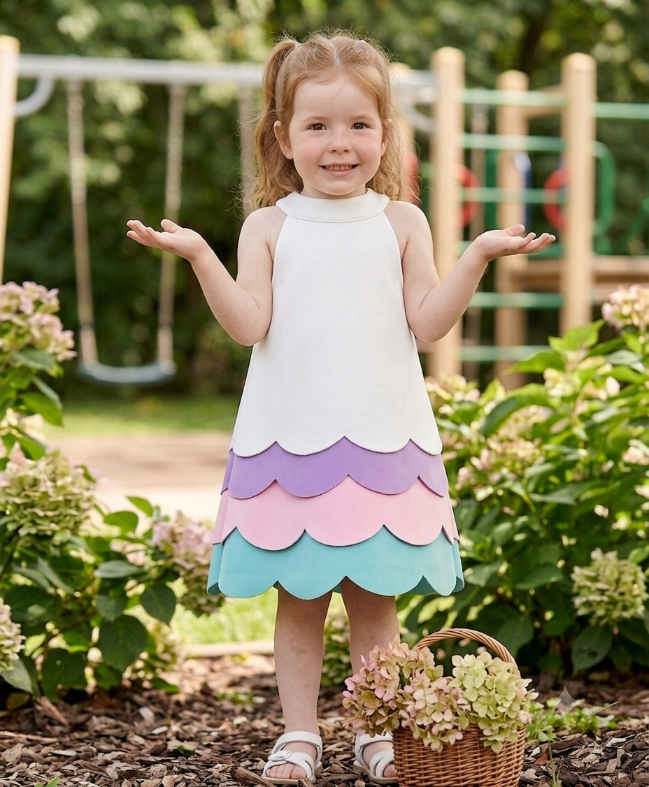 Whimsical Pastel Scallop Tiered Halter Midi Dress