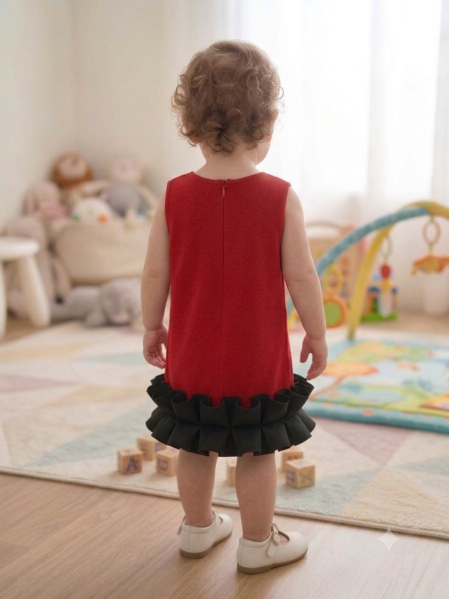 Little Bow-Tiful Vibrant Red Sleeveless Midi Dress with Contrast Box-Pleat Ruffles