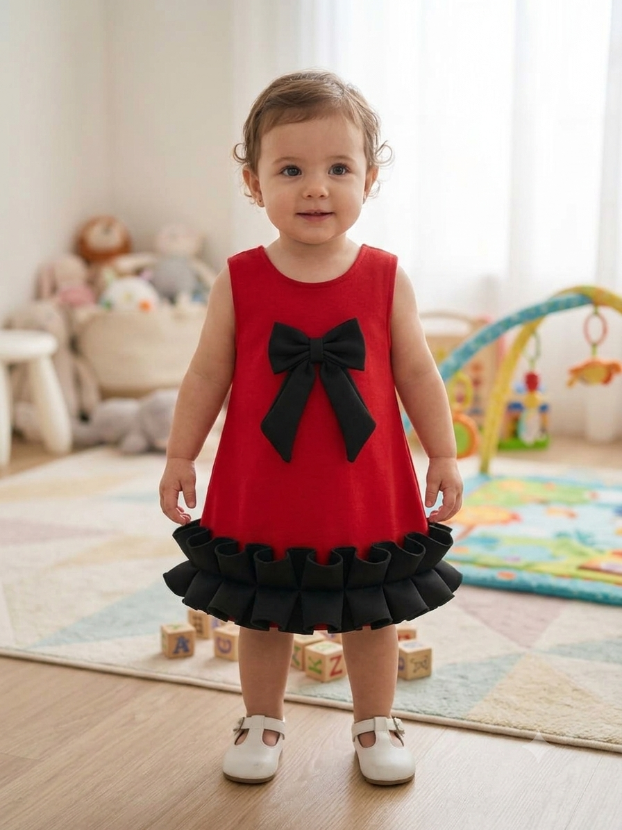 Little Bow-Tiful Vibrant Red Sleeveless Midi Dress with Contrast Box-Pleat Ruffles