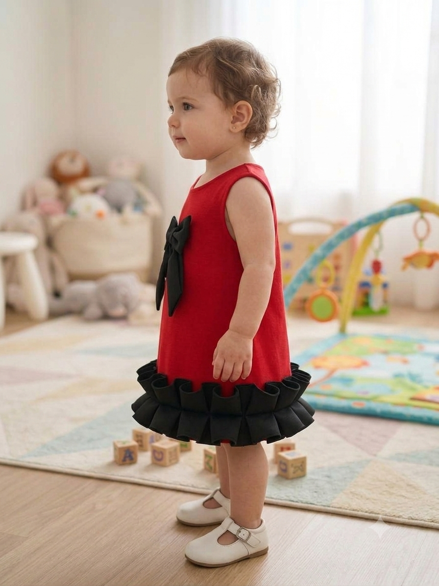 Little Bow-Tiful Vibrant Red Sleeveless Midi Dress with Contrast Box-Pleat Ruffles