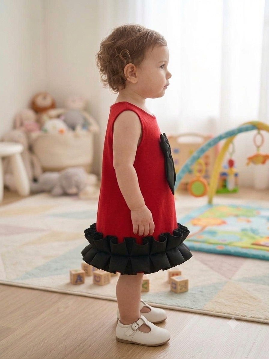 Little Bow-Tiful Vibrant Red Sleeveless Midi Dress with Contrast Box-Pleat Ruffles